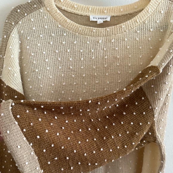 Blu Pepper Brown Beige Polka Dot Sweater Top Size Large - Picture 3 of 5